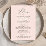 Modern Elegant Blush Wedding Menu<br><div class="desc">Simple and elegant wedding menu featuring "Menu" displayed in a modern black script with a blush pink background or colour of your choice. Personalise the blush pink wedding menu with your names,  wedding date,  and menu information. Designed to coordinate with our Modern Elegance wedding collection.</div>