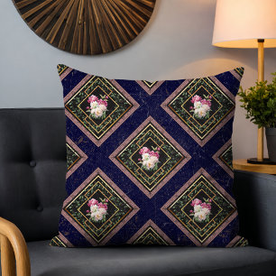 Modern Elegant Bohemian Floral Navy Blue Cushion