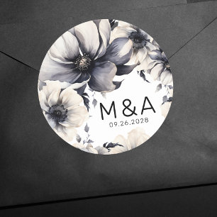 Modern Elegant Boho Black White Floral Wedding Classic Round Sticker