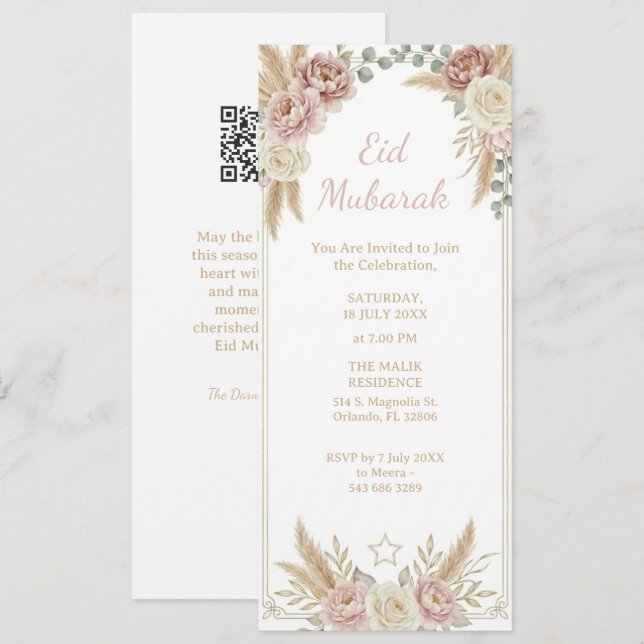 Modern Elegant Boho Floral Eid Mubarak Digital Invitation (Front/Back)