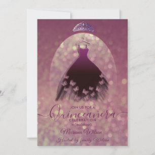Modern elegant bokeh butterfly dress tiara Quince Invitation