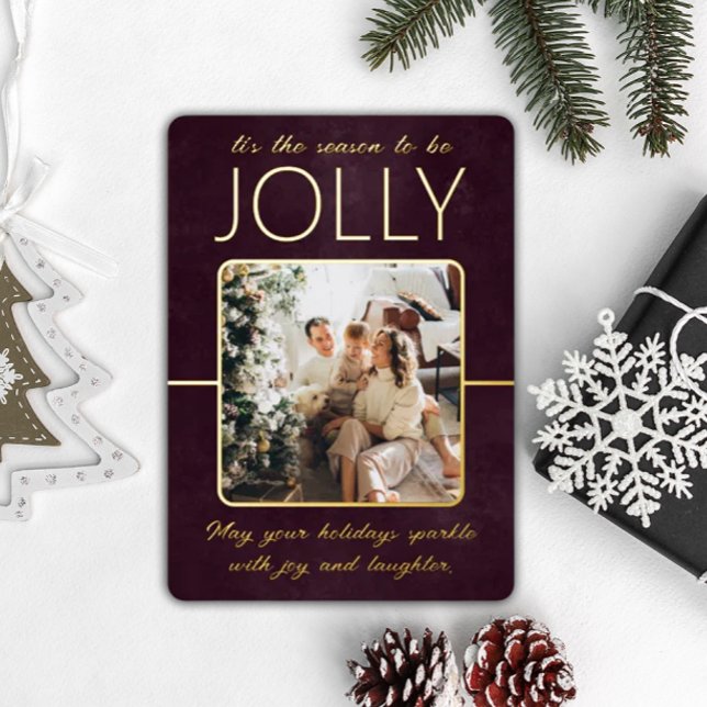 Modern Elegant Bordo Photo Personalised Christmas Foil Holiday Card (Creator Uploaded)