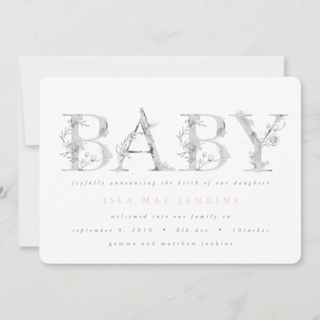 Modern elegant botanical birth announcement (Front)