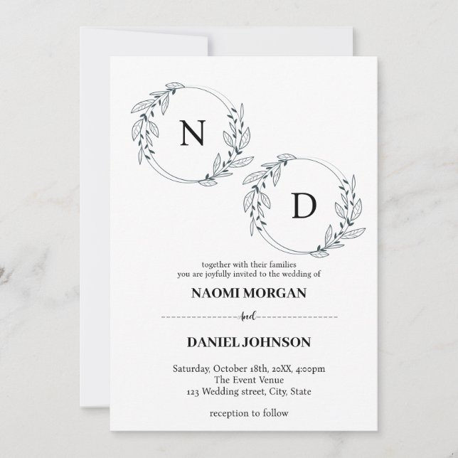 Modern elegant botanical crest monogram invitation (Front)