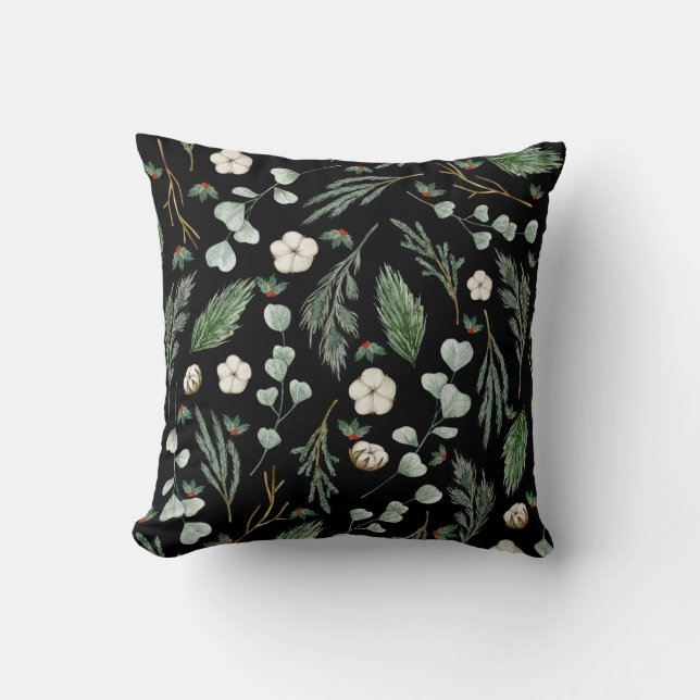 Modern Elegant Botanical Eucalyptus Black Cushion (Front)