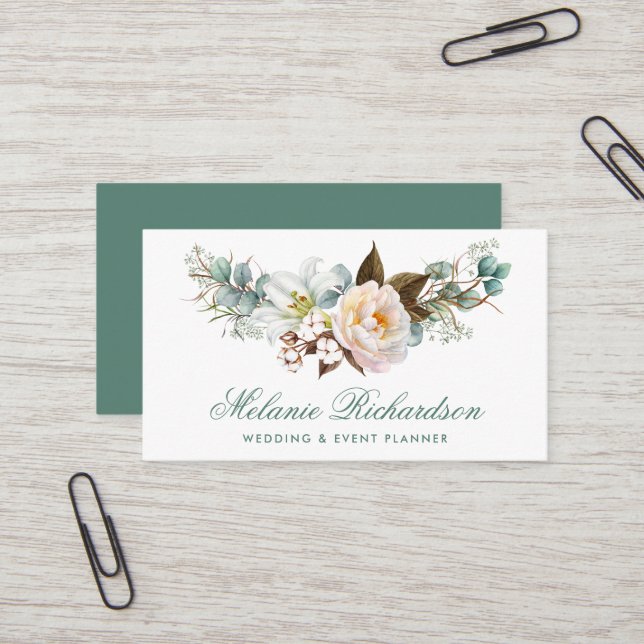 Modern Elegant Botanical Floral Green Business Card (Front/Back In Situ)
