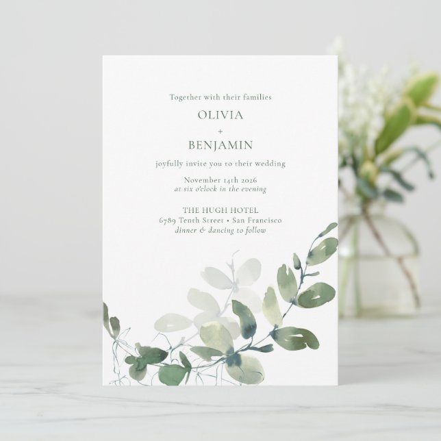 Modern Elegant Botanical Green Eucalyptus Wedding  Invitation (Standing Front)