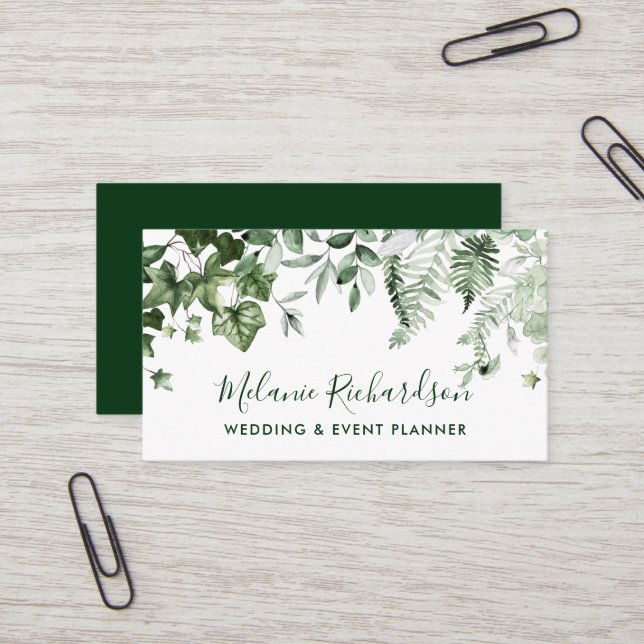 Modern Elegant Botanical Ivy Sage Ferns Green Business Card (Front/Back In Situ)