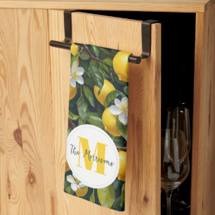 Modern Elegant Botanical Lemons Family Name Tea Towel