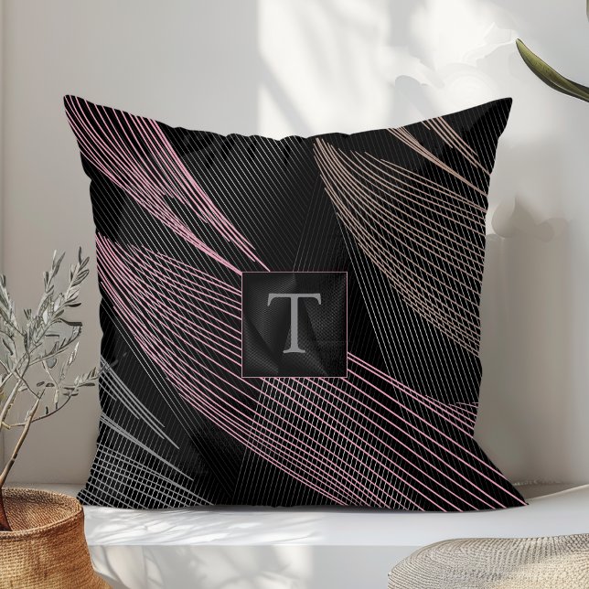Modern Elegant Botanical Lines Pink Grey Black  Cushion (Creator Uploaded)
