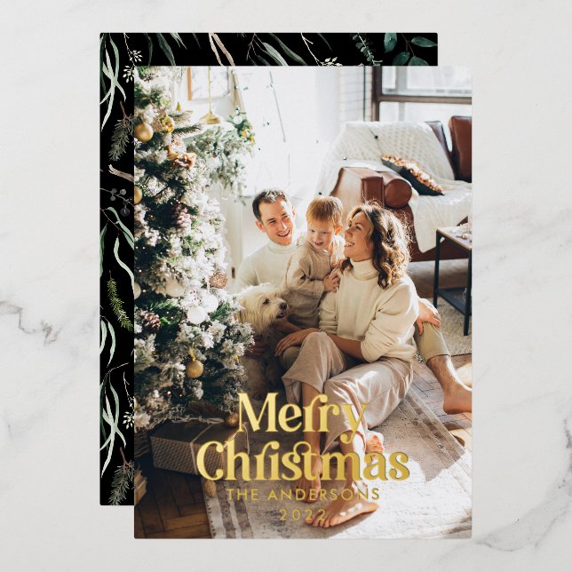 Modern elegant botanical typography photo black foil holiday card (Front/Back)