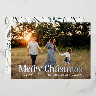 Modern elegant botanical typography photo foil holiday card