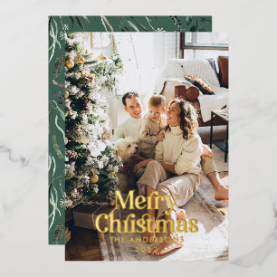 Modern elegant botanical typography photo sage foil holiday card