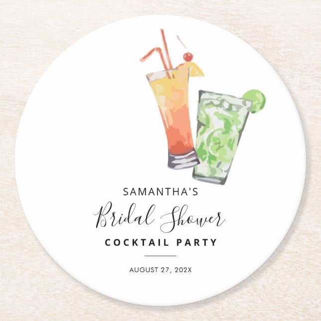 Modern Elegant Bridal Shower Cocktail Party Round Paper Coaster (Front)