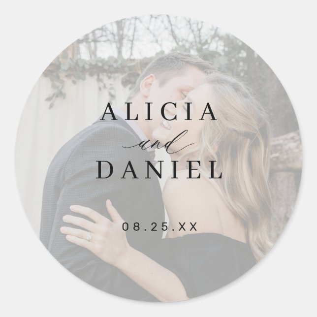 Modern elegant bride groom name date photo wedding classic round sticker (Front)