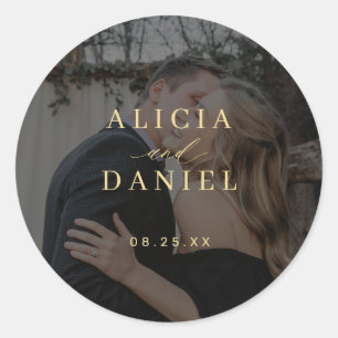 Modern elegant bride groom name date photo wedding classic round sticker