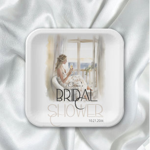 Modern Elegant Bride in Wedding Gown Bridal Shower Paper Plate