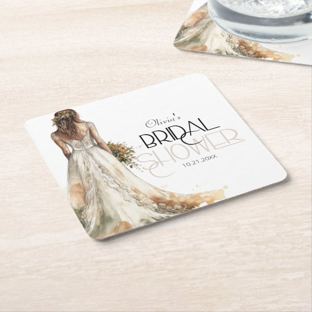 Modern Elegant Bride in Wedding Gown Bridal Shower Square Paper Coaster (Angled)