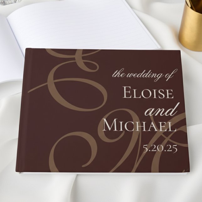 Modern Elegant Brown Monogram Calligraphy Wedding  Guest Book (Collect heartfelt messages and well wishes with this Mousse Brown Wedding Guest Book!)