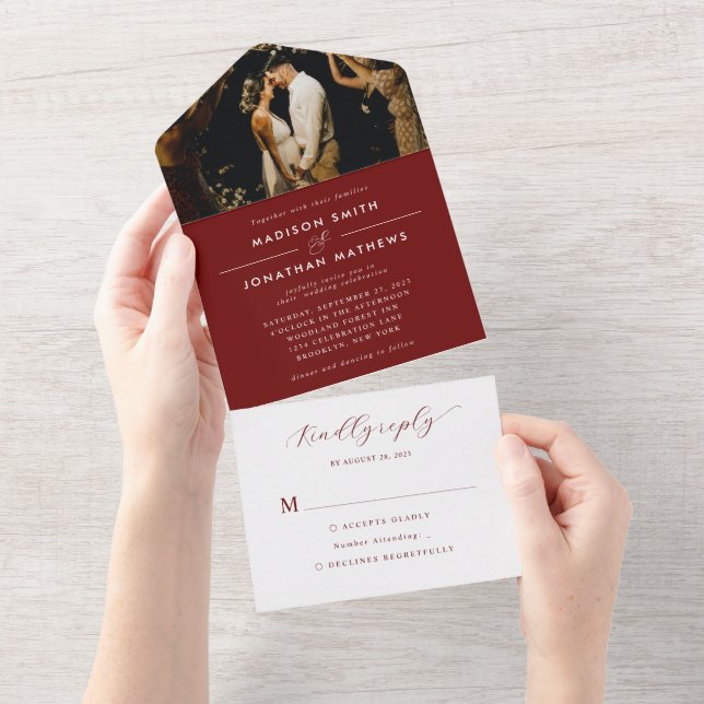 Modern Elegant Burgundy Ampersand Photo Wedding All In One Invitation (Tearaway)