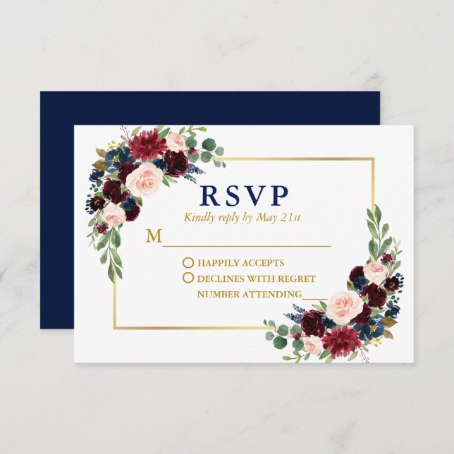 Modern Elegant Burgundy Blue Floral Gold Wedding  RSVP Card (Front/Back)