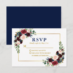 Modern Elegant Burgundy Blue Floral Gold Wedding  RSVP Card