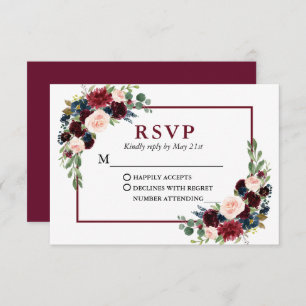 Modern Elegant Burgundy Blue Floral Wedding RSVP Card
