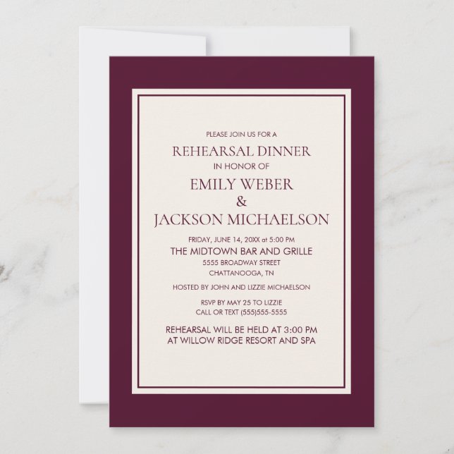 Modern Elegant Burgundy Cream Rehearsal Dinner Invitation (Front)