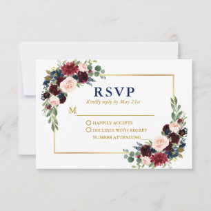 Modern Elegant Burgundy Floral Blue Wedding Gold RSVP Card