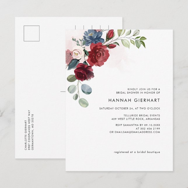Modern Elegant Burgundy Floral Bridal Shower Invitation Postcard (Front/Back)