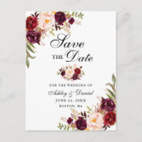 Modern Elegant Burgundy Floral Save the Date Blk