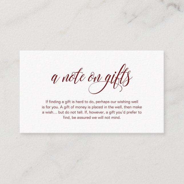 Modern Elegant, Burgundy font, A note on gifts Enclosure Card (Front)