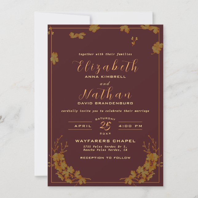 Modern Elegant Burgundy & Gold Floral Wedding Invitation (Front)