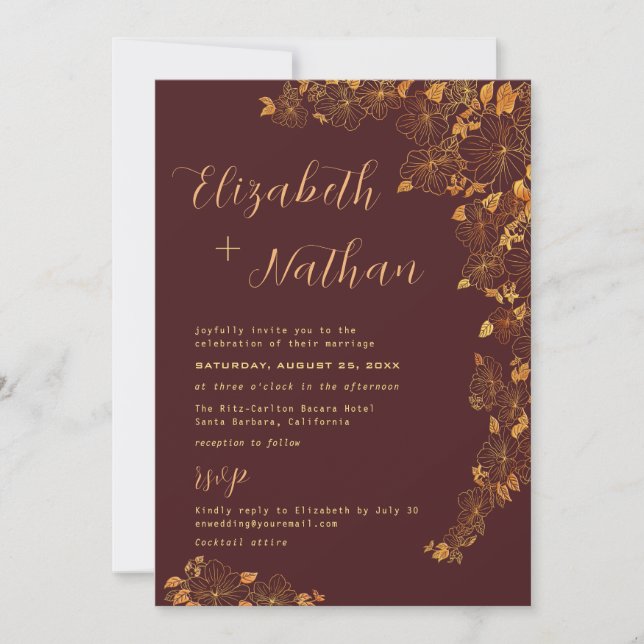Modern Elegant Burgundy Gold Quote Floral Wedding Invitation (Front)