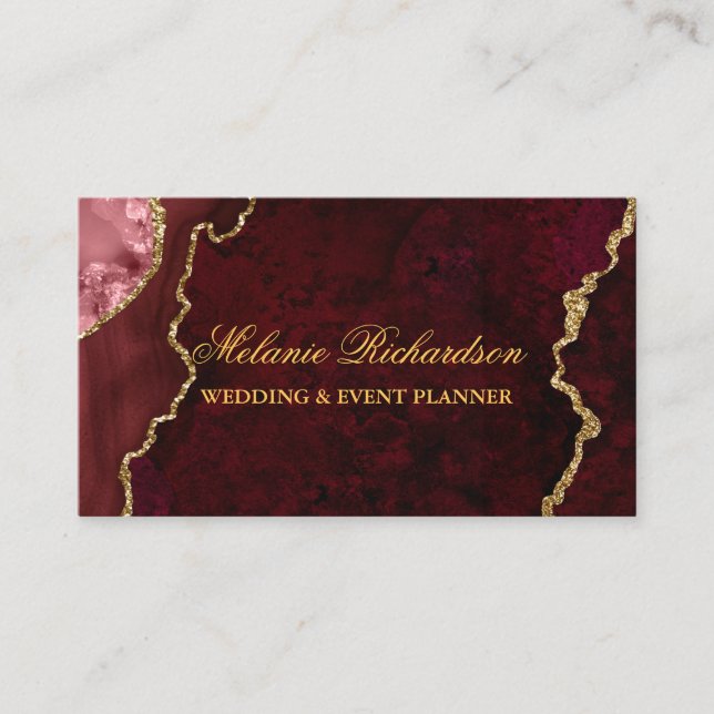  Modern Elegant Burgundy Marble Agate Geode Gold Business Card (Front)