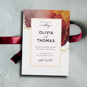 Modern Elegant Burgundy Orange Gold Fall Wedding Invitation