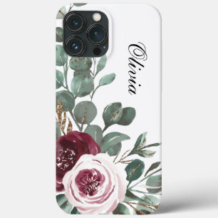 Modern elegant burgundy pink rose iPhone 13 pro max case