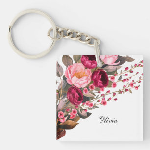 Modern elegant burgundy pink rose key ring