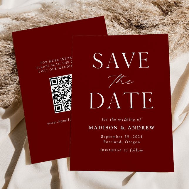 Modern Elegant Burgundy QR Code Save The Date (Creator Uploaded)