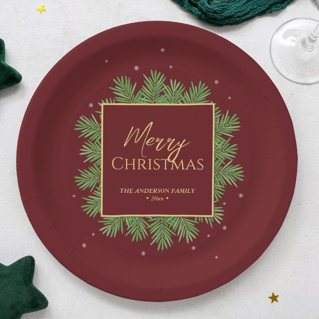 Modern Elegant Burgundy Red Christmas Botanical Paper Plate (Creator Uploaded)