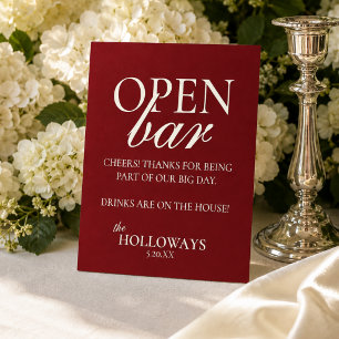 Modern Elegant Burgundy Red Open Bar Wedding Pedestal Sign