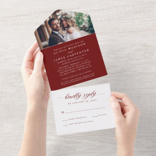 Modern Elegant Burgundy Red Photo RSVP Wedding All In One Invitation