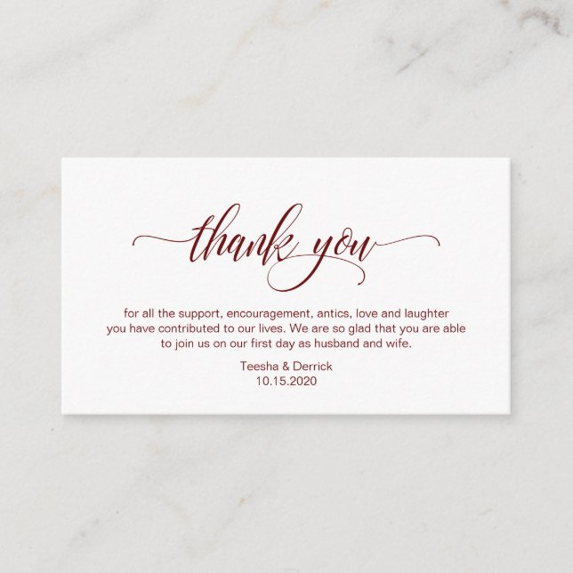 Modern Elegant, Burgundy Script Wedding Thank you Enclosure Card (Front)