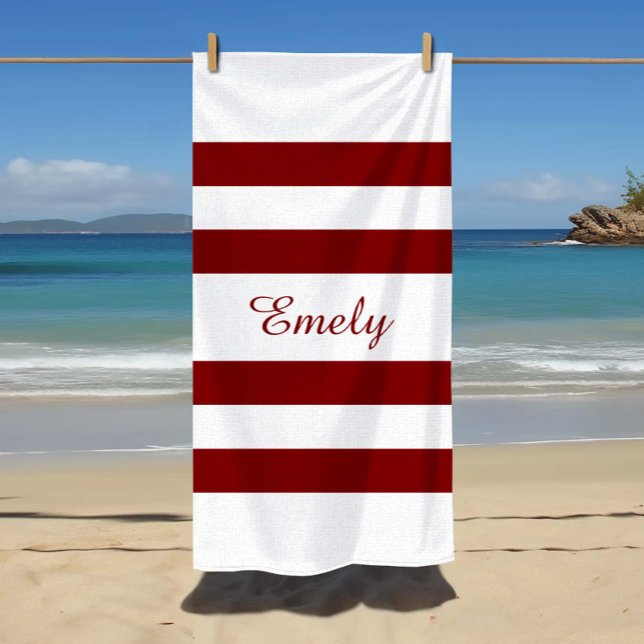 Modern Elegant Burgundy Stripes Pattern Name Beach Towel (Modern Elegant Burgundy  Stripes Pattern Name Beach Towel)