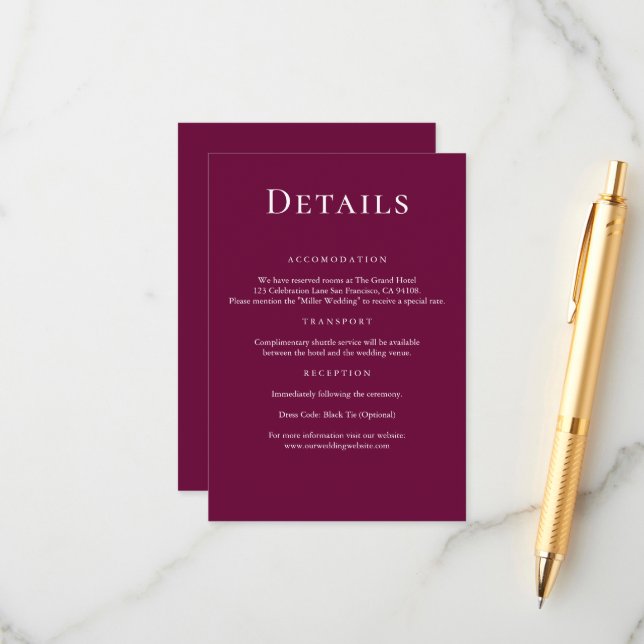 Modern Elegant Burgundy Wedding Details Enclosure Card (Front/Back In Situ)