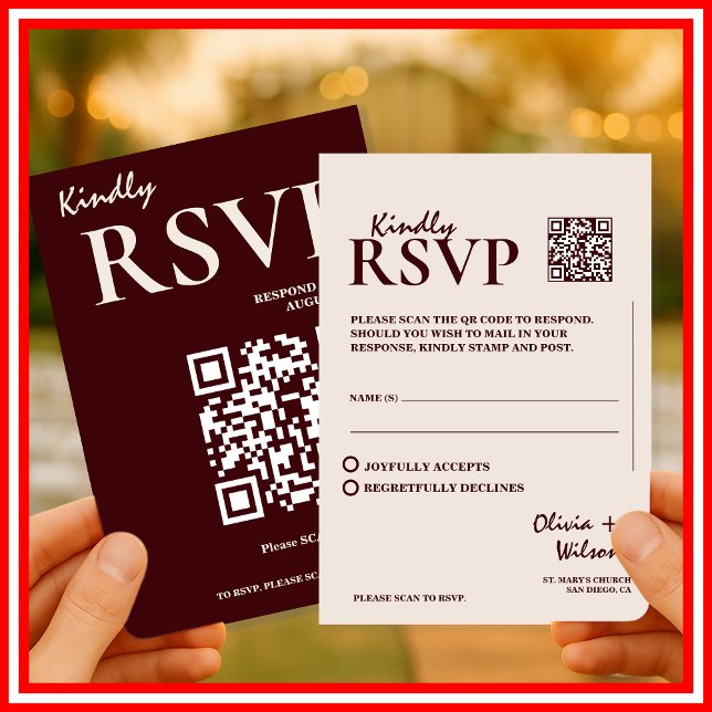 Modern Elegant Burgundy Wedding QR CODE RSVP Enclosure Card (Creator Uploaded)