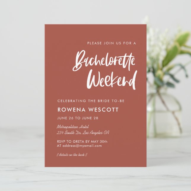 Modern elegant burnt brick Bachelorette Weekend Invitation (Standing Front)