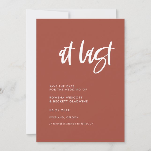 Modern elegant burnt brick wedding At last Save The Date (Front)