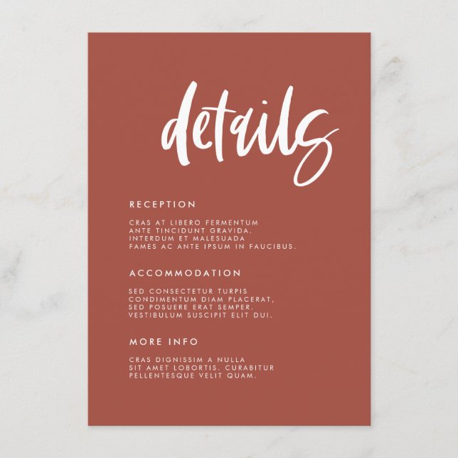 Modern elegant burnt brick wedding details enclosure card (Front)