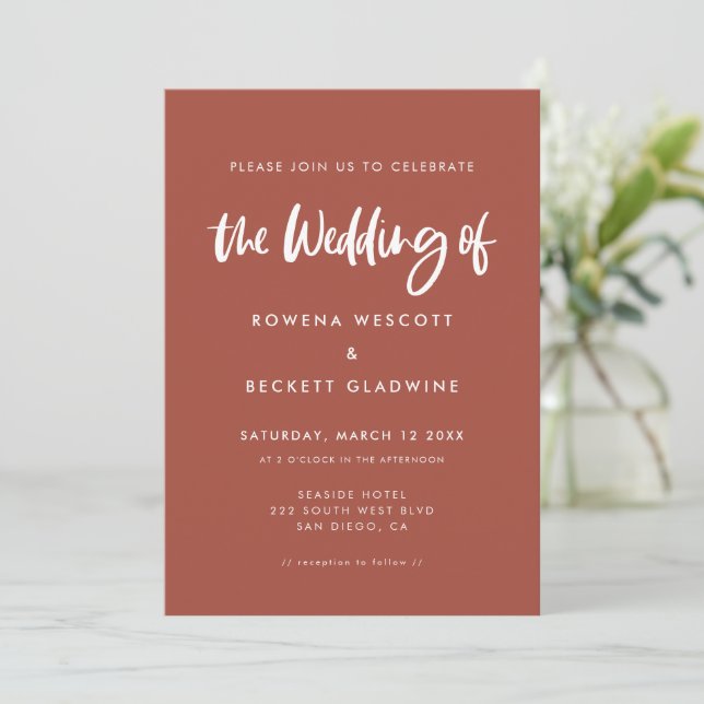 Modern elegant burnt brick wedding invitation (Standing Front)